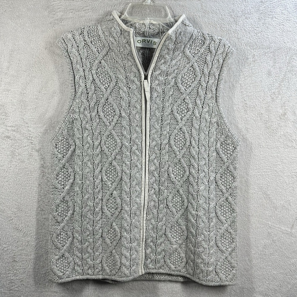 Orvis Fisherman Cable Knit 100% Wool Sweater Vest Gray Full Zip Women's S‎